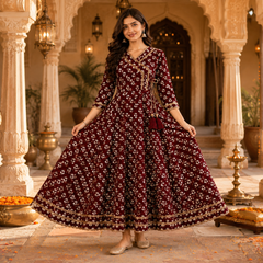Maroon Floral Printed Anarkali Kurta with Border Detailing