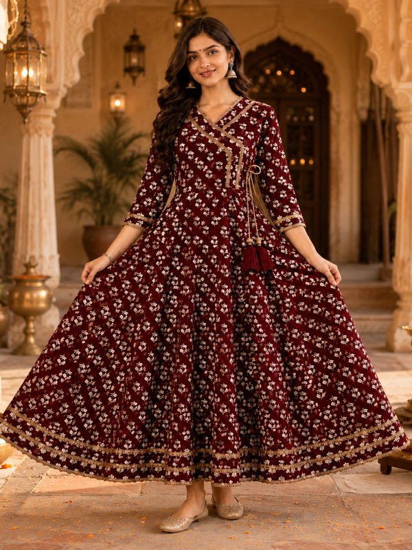 Maroon Floral Printed Anarkali Kurta with Border Detailing