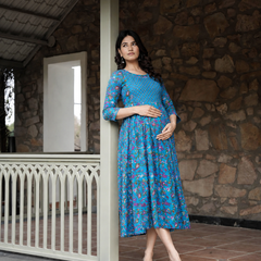Women's Cotton Floral Maternity Feeding Dress with Zipper