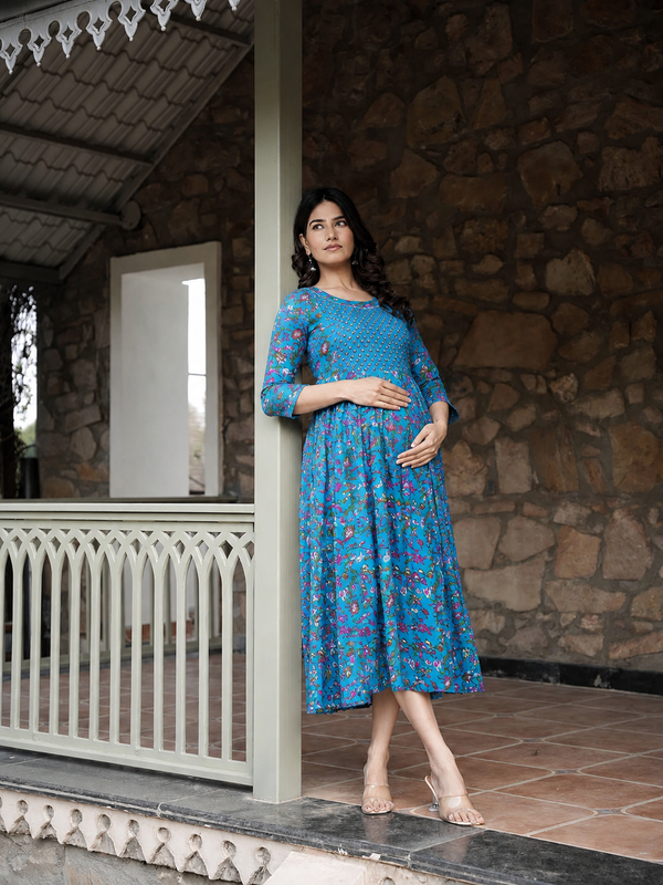 Women's Cotton Floral Maternity Feeding Dress with Zipper