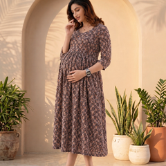 Women's Coffee Cotton Floral Maternity Feeding Dress with Zipper