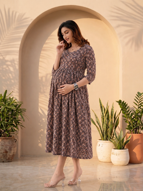 Women's Coffee Cotton Floral Maternity Feeding Dress with Zipper