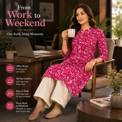 Women's Pink Floral Print Cotton A-Line Kurta
