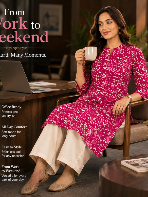 Women's Pink Floral Print Cotton A-Line Kurta