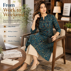 Women's Blue Bird Print Cotton A-Line Kurta