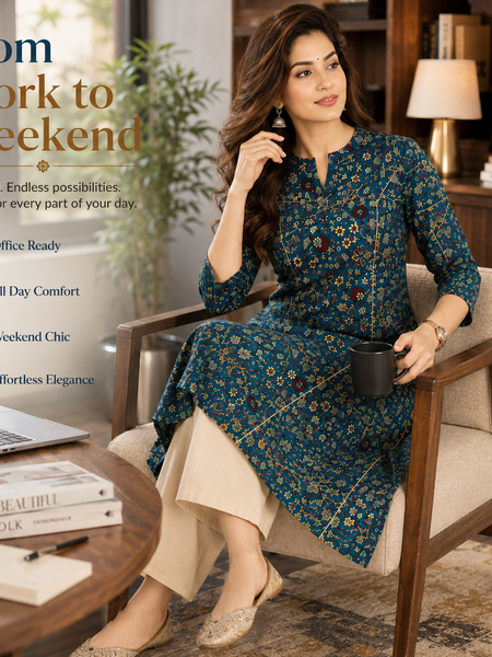 Women's Blue Bird Print Cotton A-Line Kurta