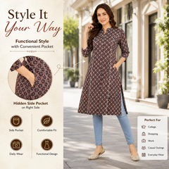 Women's Coffee Floral Print Cotton A-Line Kurta