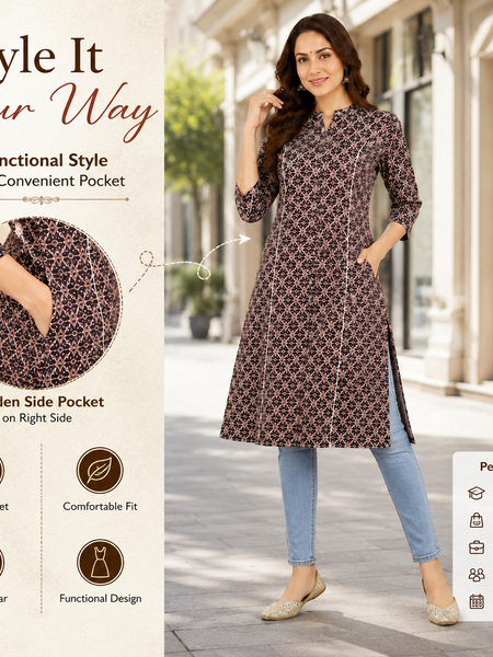 Women's Coffee Floral Print Cotton A-Line Kurta