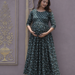 Women's Cotton Green Gold Floral Maternity Feeding Dress with Zipper