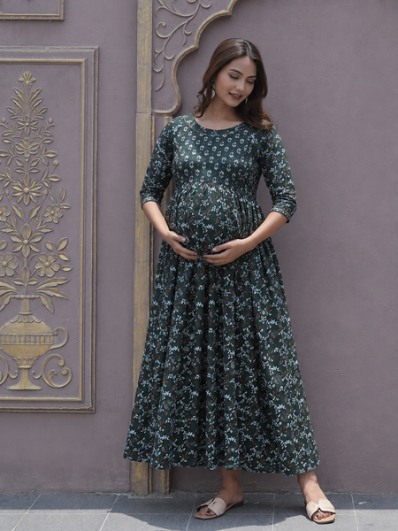 Women's Cotton Green Gold Floral Maternity Feeding Dress with Zipper