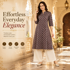 Women's Coffee Floral Print Cotton A-Line Kurta