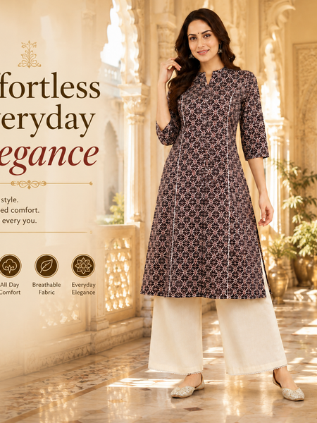Women's Coffee Floral Print Cotton A-Line Kurta