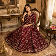 Maroon Floral Printed Anarkali Kurta with Border Detailing