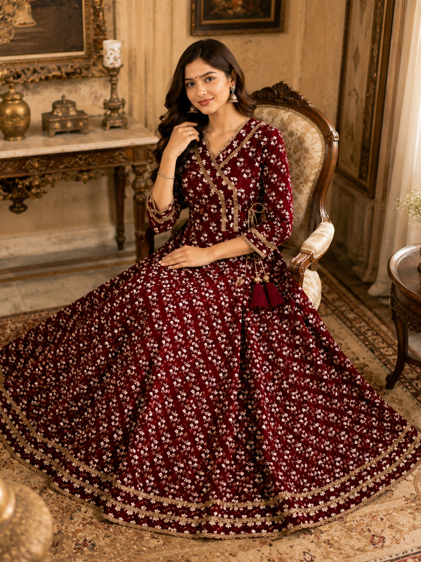 Maroon Floral Printed Anarkali Kurta with Border Detailing