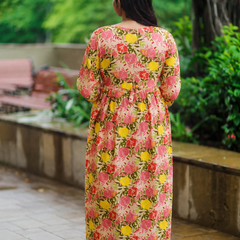 Women's Cotton Orange Floral Maternity Feeding Dress with Zipper