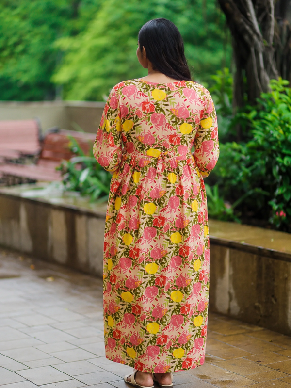 Women's Cotton Orange Floral Maternity Feeding Dress with Zipper