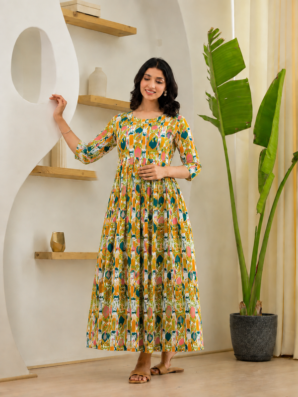 Abstract Print Nursing Dress with Zipper