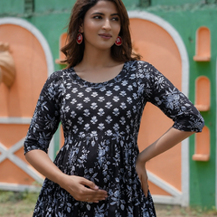 Women's Cotton Neck Black Floral Maternity Feeding Dress with Zipper