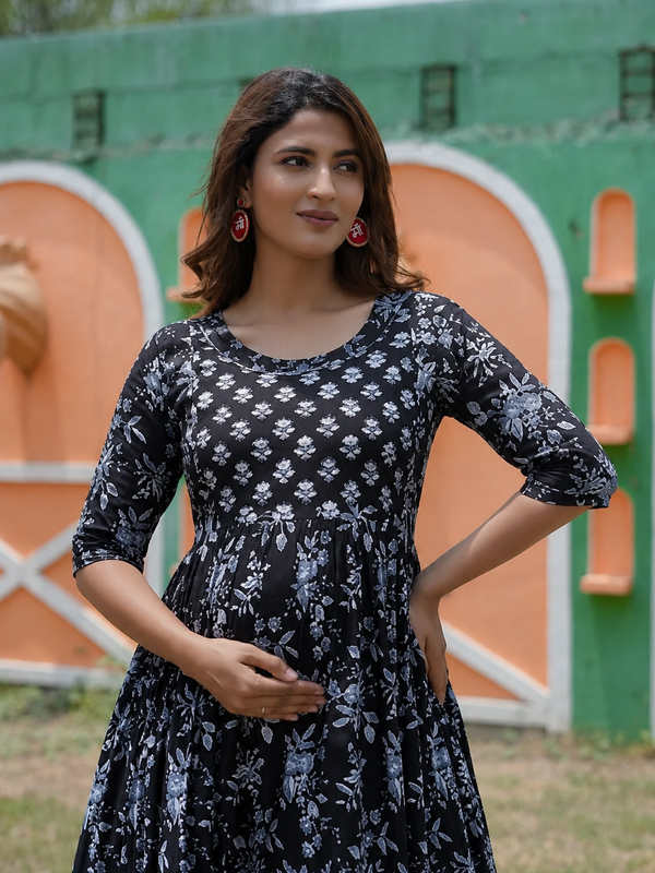 Women's Cotton Neck Black Floral Maternity Feeding Dress with Zipper
