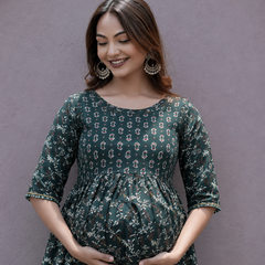Women's Cotton Green Gold Floral Maternity Feeding Dress with Zipper