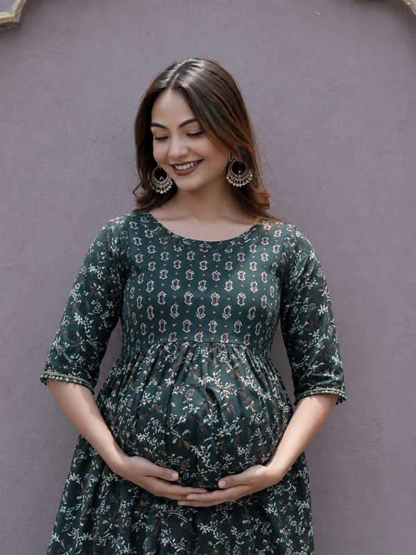 Women's Cotton Green Gold Floral Maternity Feeding Dress with Zipper