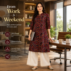 Women's Red Bird Print Cotton A-Line Kurta