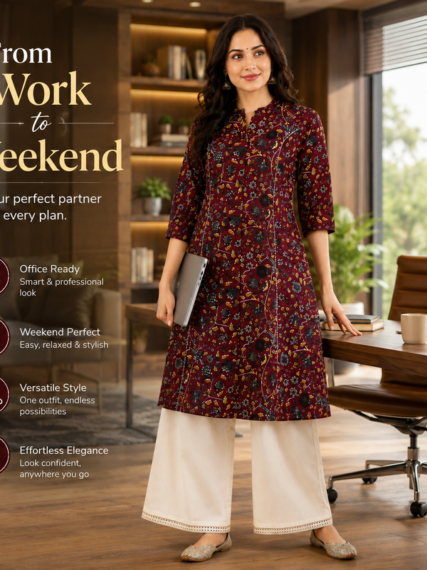Women's Red Bird Print Cotton A-Line Kurta