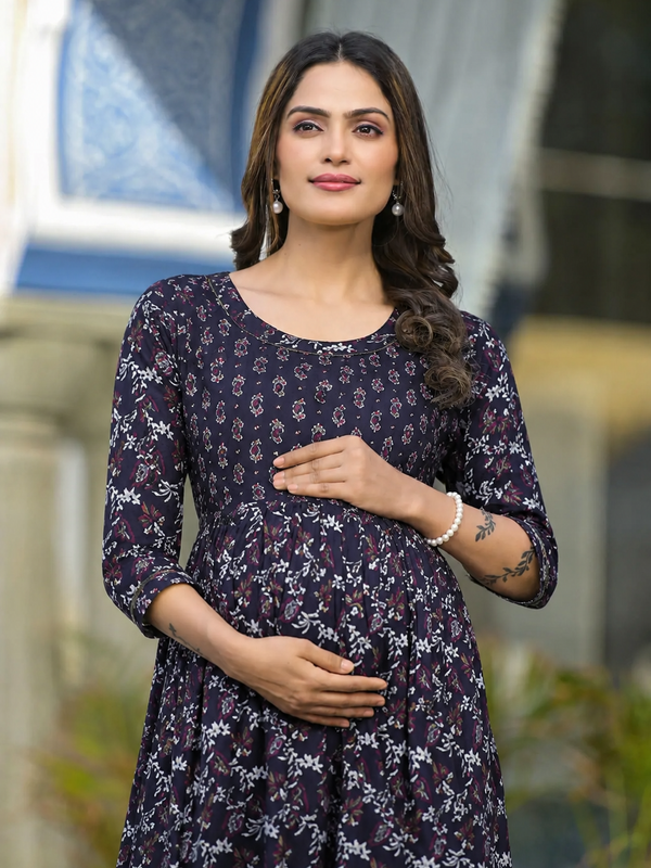 Women's Cotton Floral Maternity Feeding Dress with Zipper