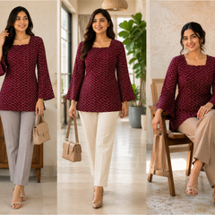 Maroon Bandhani Print Square Neck Short Kurti for Women