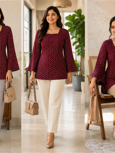 Maroon Bandhani Print Square Neck Short Kurti for Women