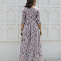 Women's Cotton Grey Floral Maternity Feeding Dress with Zipper