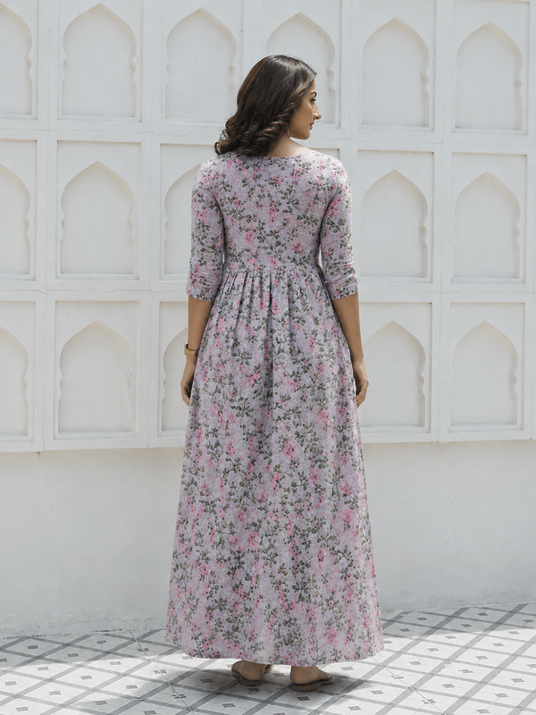 Women's Cotton Grey Floral Maternity Feeding Dress with Zipper