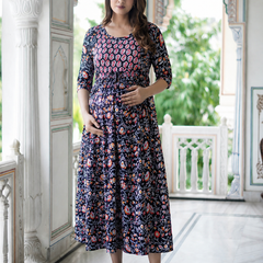 Women's Cotton Black Floral Maternity Feeding Dress with Zipper