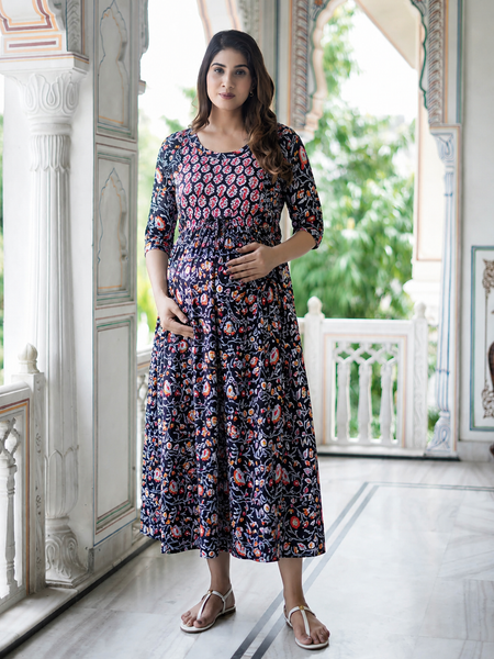 Women's Cotton Black Floral Maternity Feeding Dress with Zipper