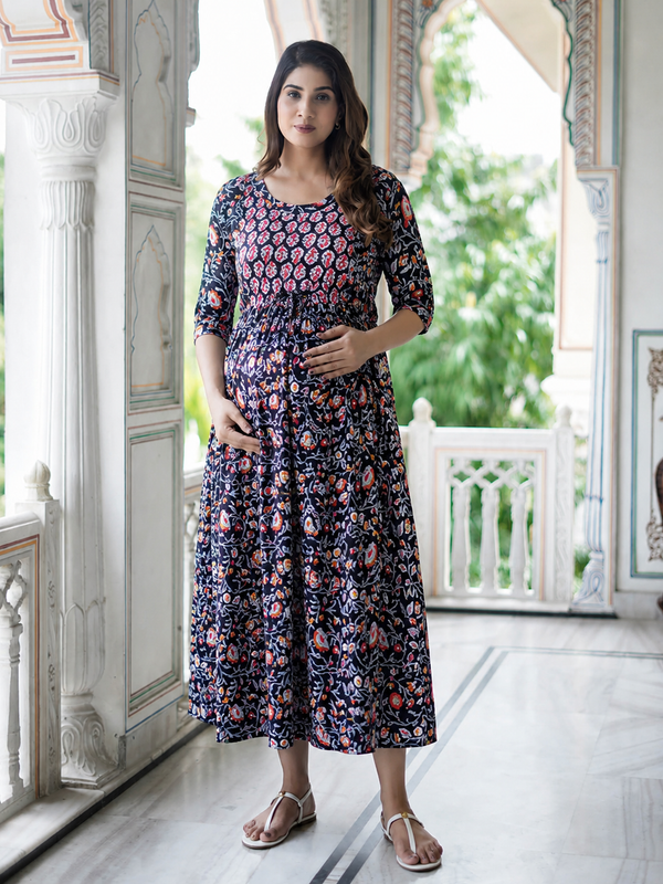 Women's Cotton Black Floral Maternity Feeding Dress with Zipper