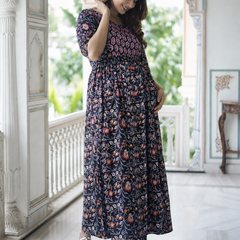Women's Cotton Black Floral Maternity Feeding Dress with Zipper