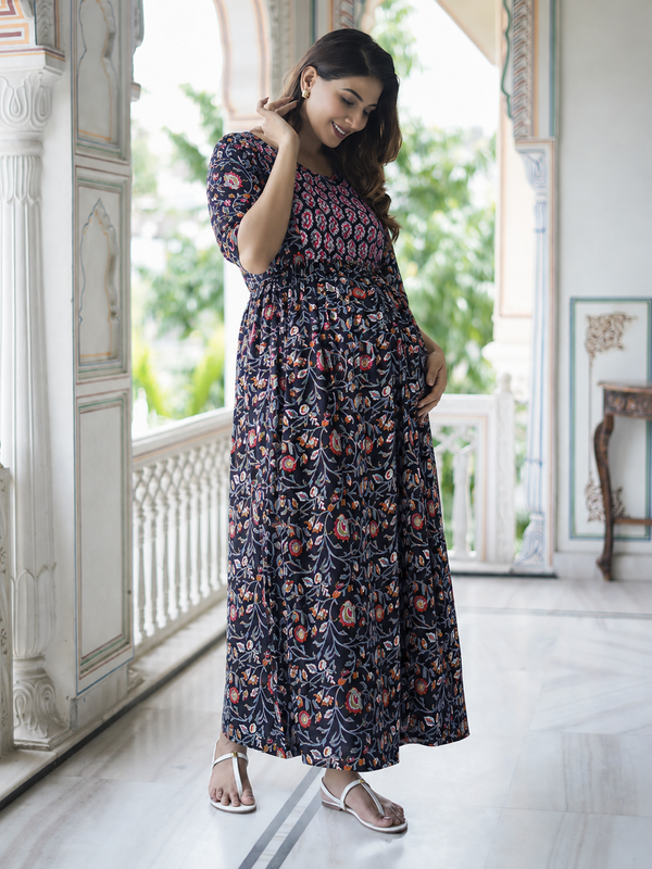 Women's Cotton Black Floral Maternity Feeding Dress with Zipper