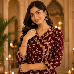 Maroon Floral Printed Anarkali Kurta with Border Detailing