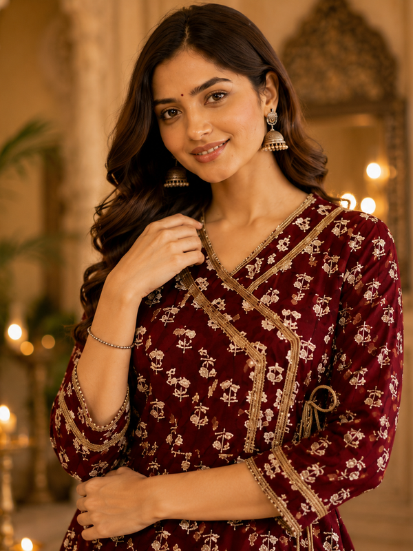 Maroon Floral Printed Anarkali Kurta with Border Detailing