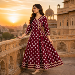 Maroon Floral Printed Anarkali Kurta with Border Detailing