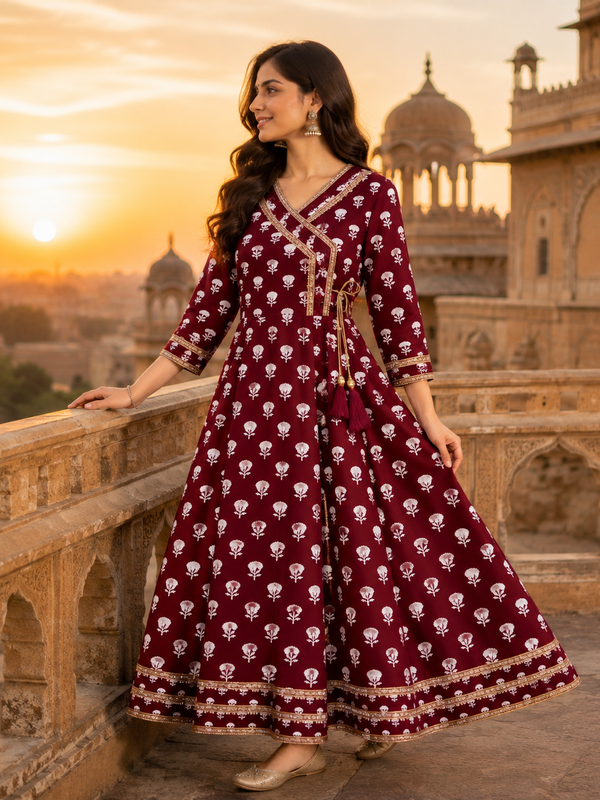 Maroon Floral Printed Anarkali Kurta with Border Detailing