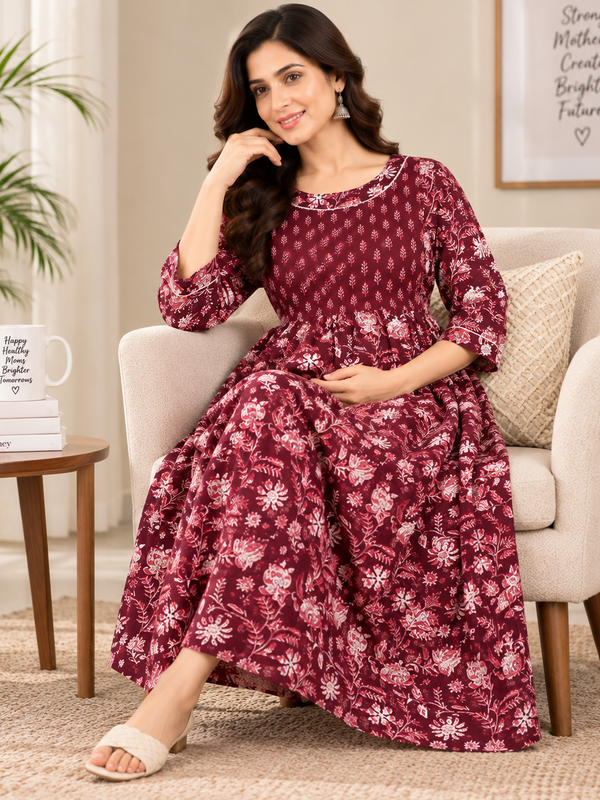 Women’s Maroon Ethnic Floral Print Maternity