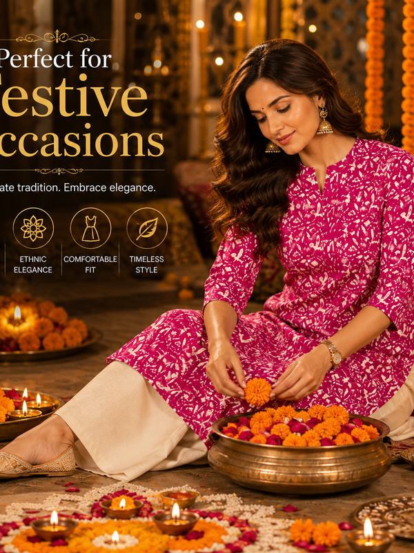 Women's Pink Floral Print Cotton A-Line Kurta
