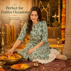 Women's Pista Green Floral Print Cotton A-Line Kurta
