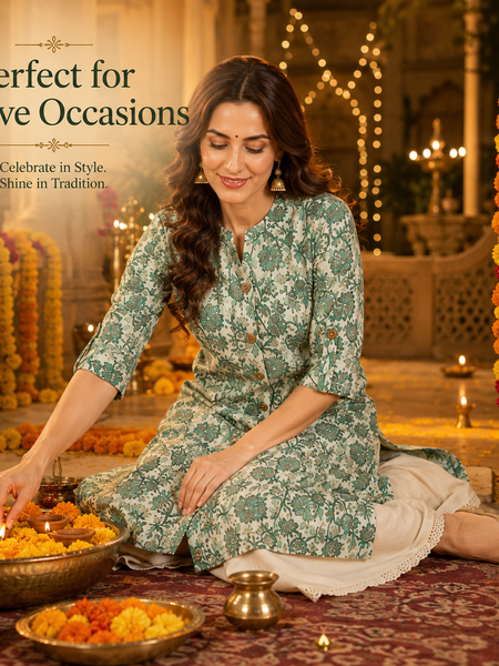 Women's Pista Green Floral Print Cotton A-Line Kurta