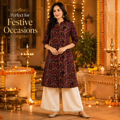 Women's Red Bird Print Cotton A-Line Kurta