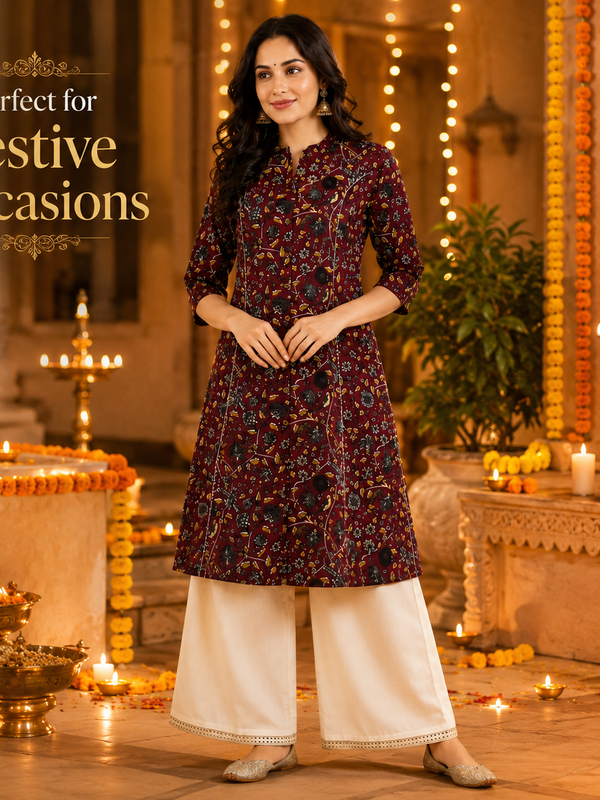 Women's Red Bird Print Cotton A-Line Kurta