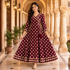 Maroon Floral Printed Anarkali Kurta with Border Detailing
