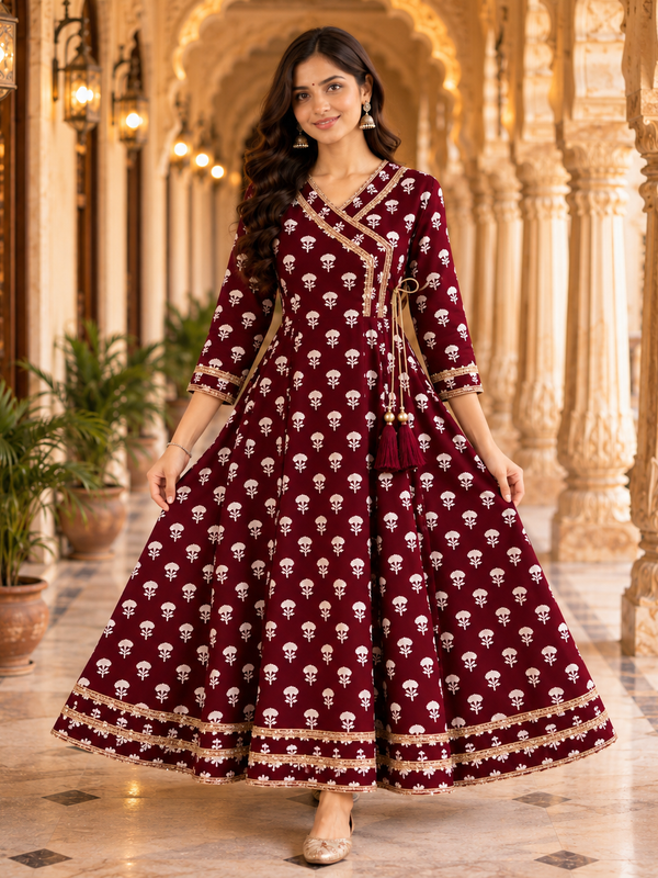 Maroon Floral Printed Anarkali Kurta with Border Detailing