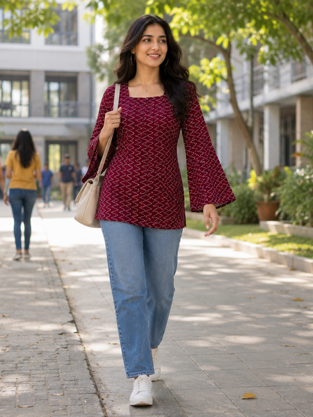 Maroon Geometric Pattern Square Neck Bell Sleeve Short Kurti